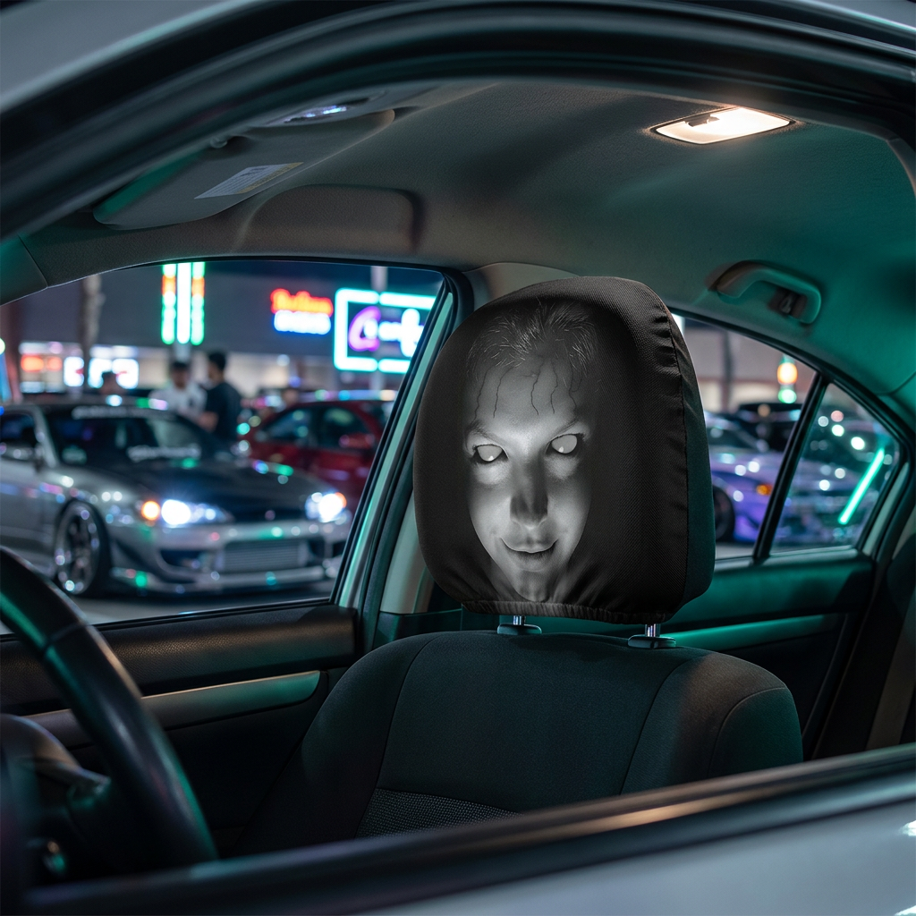 GrimRide headrest cover installed in a car at a night-time car meet