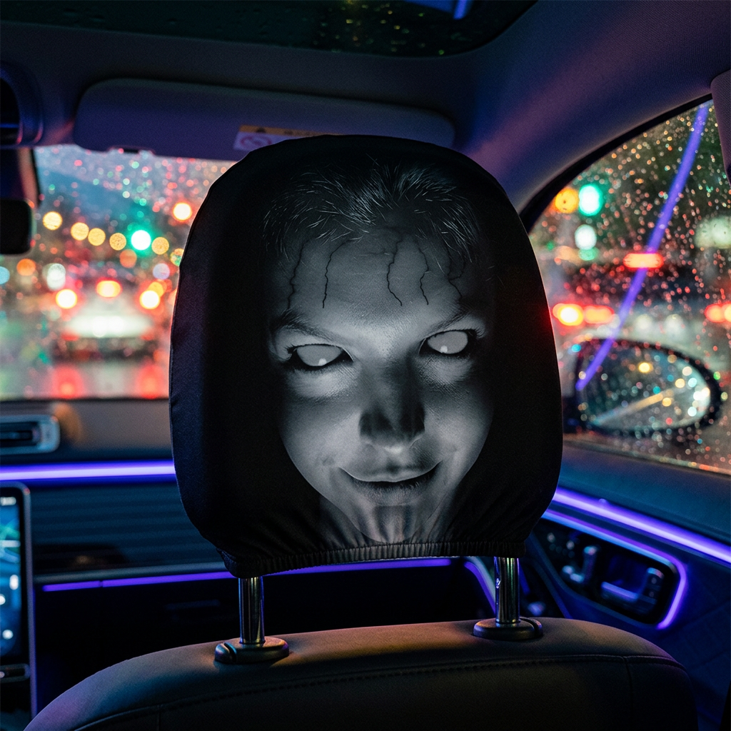 GrimRide headrest cover in a car at night with city lights in the background