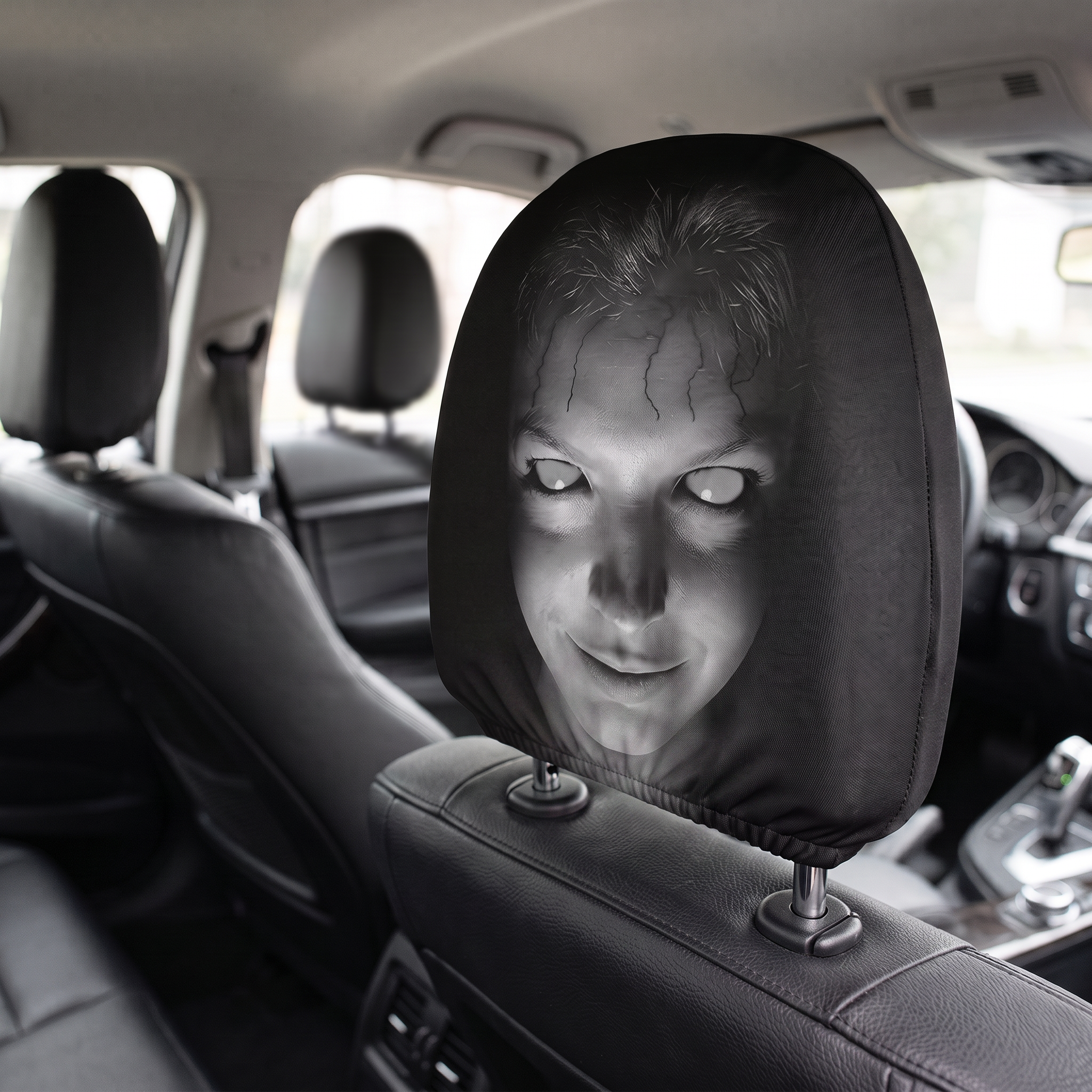 GrimRide headrest cover fitted to a car headrest inside a vehicle