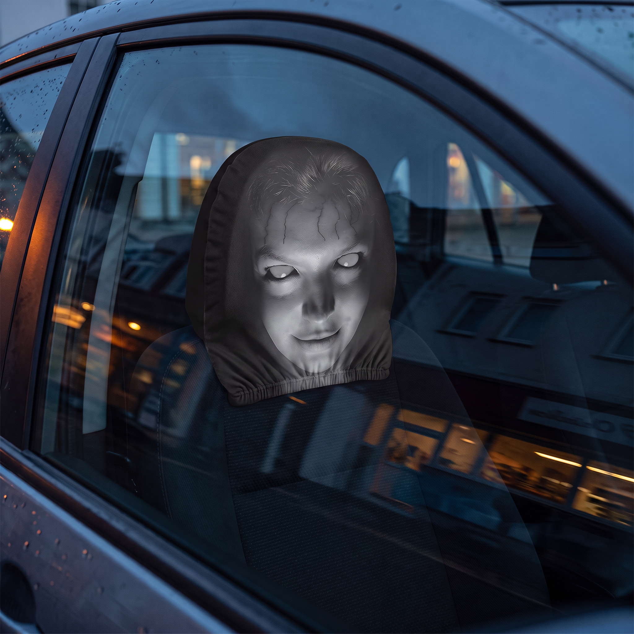 GrimRide headrest cover seen from outside through a car window at dusk