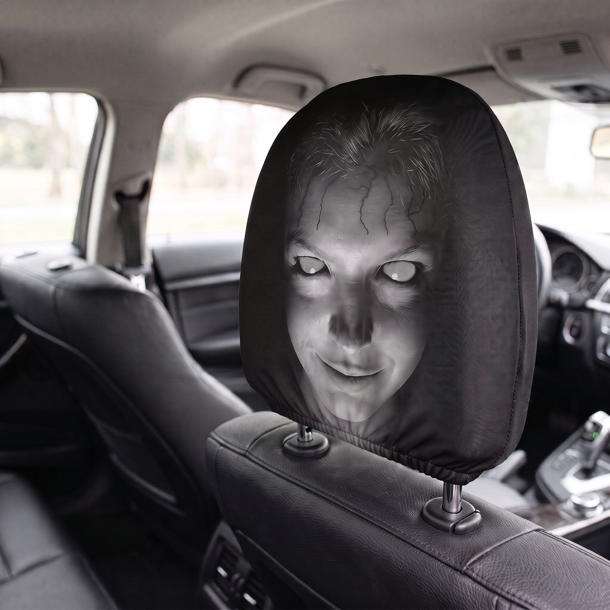 GrimRide headrest cover fitted to a car headrest inside a vehicle